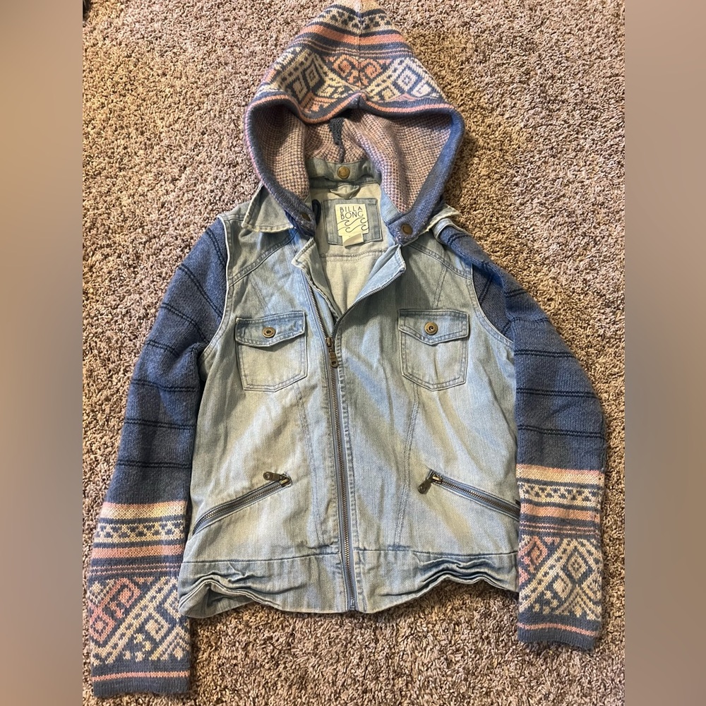 Billabong denim jacket with printed fabric sleeves and hood